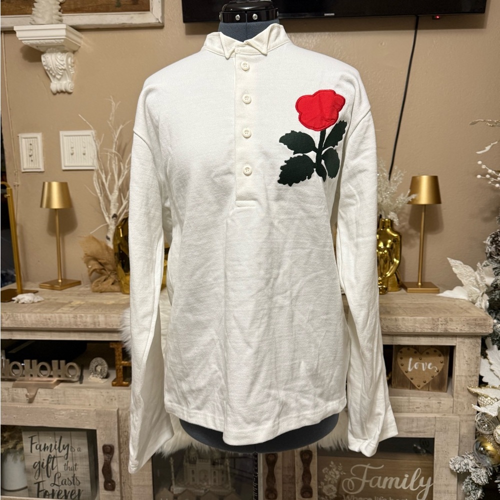 Rowing Blazers Ivory Shirt with Red Floral Accent